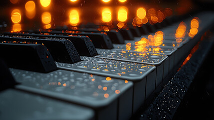 Rain-soaked piano keys, bokeh lights.