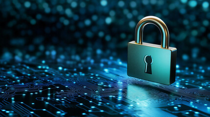 A glowing digital padlock floating in front of a futuristic circuit board background, symbolizing cybersecurity and the protection of sensitive data.