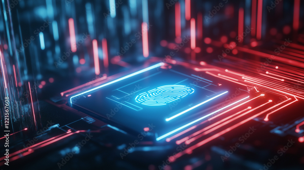 Poster a digital padlock with a fingerprint scanner glowing in neon blue, surrounded by symbols of encrypte