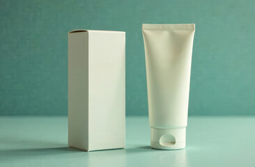 Moisturiser hand cosmetic cream white plastic tube mockup on the turquoise background front view