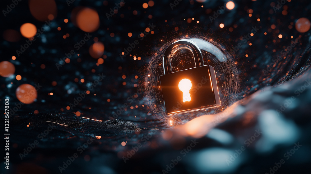 Poster a high-tech padlock surrounded by glowing particles and a translucent sphere, symbolizing impenetrab