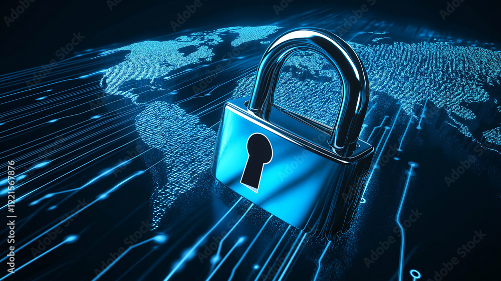 Poster a digital padlock glowing in vibrant blue, with a background of a world map interconnected by glowin