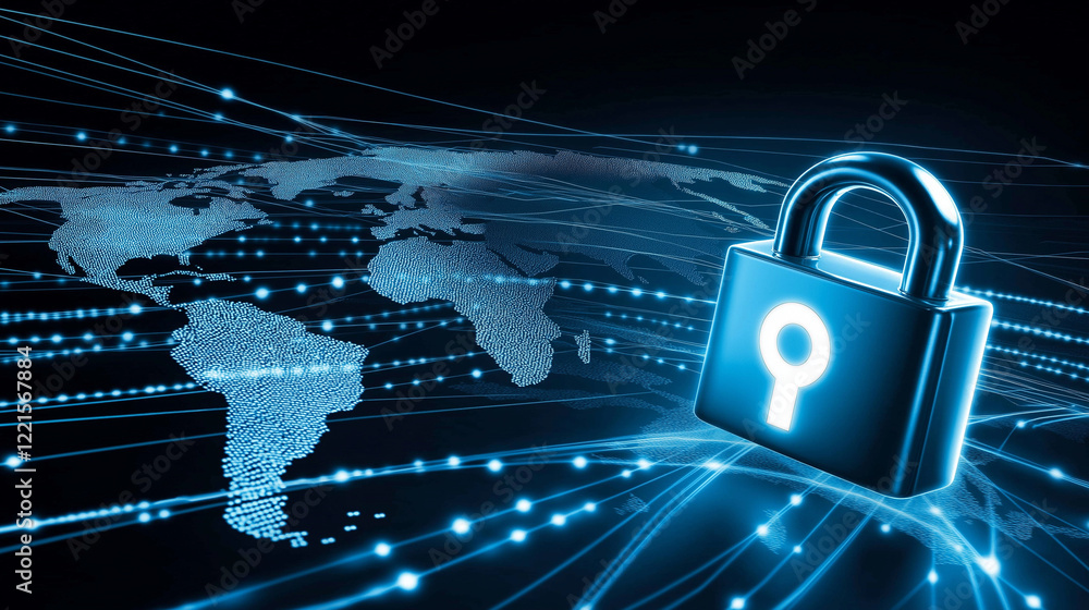Poster a digital padlock glowing in vibrant blue, with a background of a world map interconnected by glowin