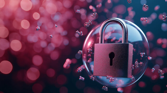 A high-tech padlock surrounded by glowing particles and a translucent sphere, symbolizing impenetrable data security.