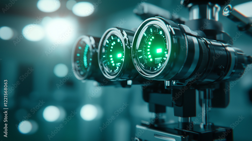 Poster a detailed view of an advanced phoropter with glowing indicators, emphasizing the accuracy and intri