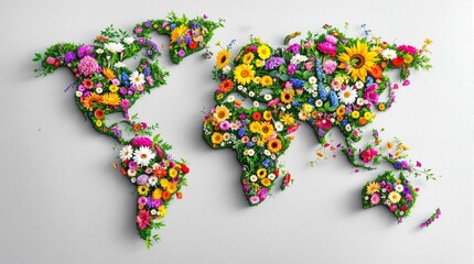 Artistic Floral World Map in Vibrant Colors Representing Global Unity with copy space