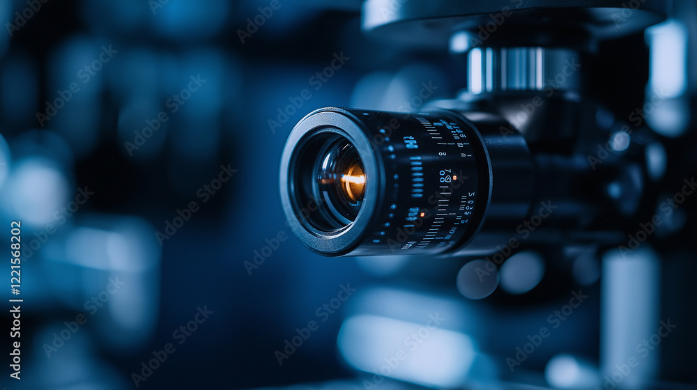Poster a close-up of a high-tech autorefractor lens, surrounded by intricate details and subtle reflections
