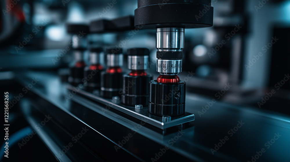 Poster a side angle close-up of an optical testing device, showing calibrated knobs and lenses in crisp det