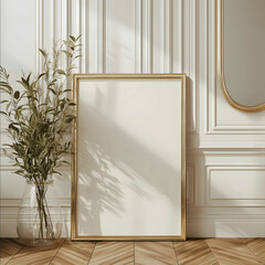 Poster mockup of a bright retroinspired riso artwork in a 16x20 frame leaning casually against a white paneled wall in a chic Parisian apartment A chevron wooden f