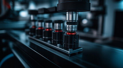 A side angle close-up of an optical testing device, showing calibrated knobs and lenses in crisp detail, symbolizing meticulous eye care technology.