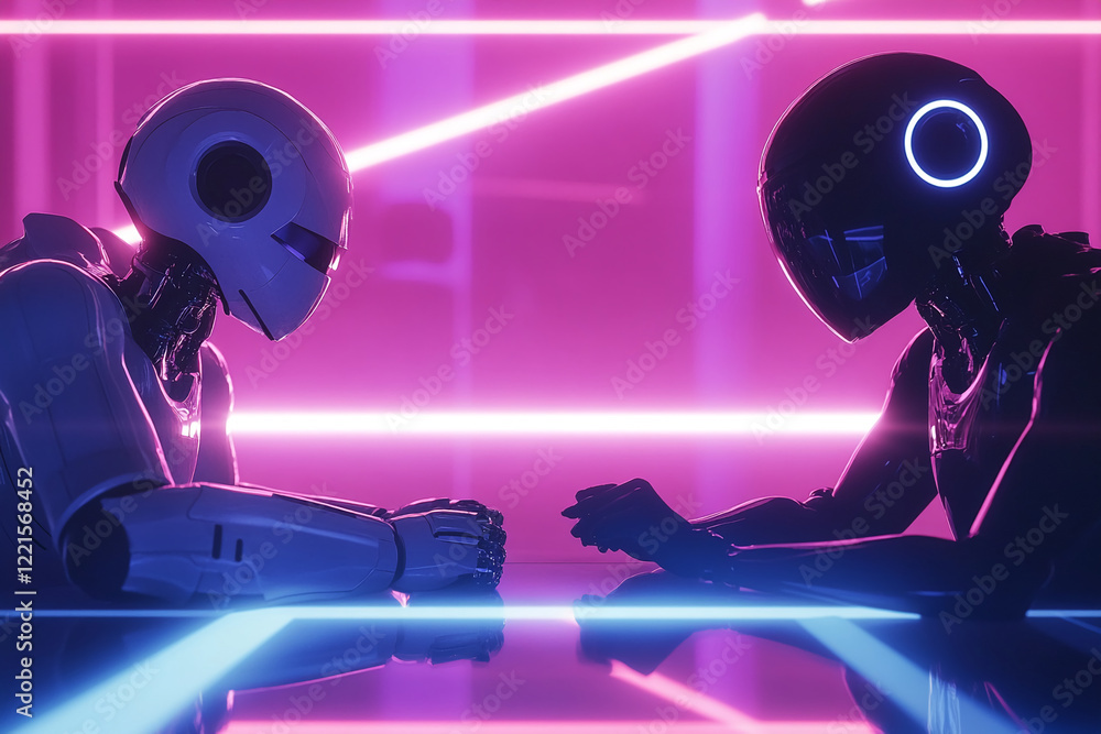 Poster Two humanoid robots facing each other, engaged in a futuristic discussion in a neon-lit space