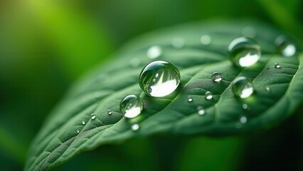 Macro photography of dew drops on a green leaf with natural reflections	