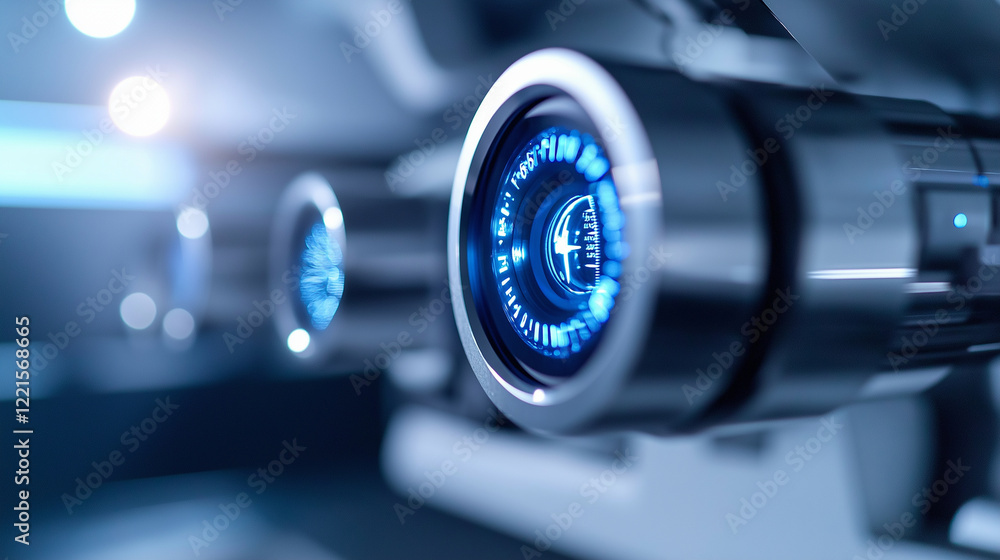 Poster a close-up shot of an optometry deviceâs lens panel, with illuminated calibration marks and a slee