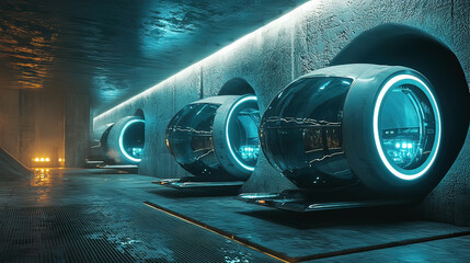 Ultra-realistic hyperloop pods traveling through underground tunnels in a futuristic city, glowing internal blue lights reflecting off sleek tubes