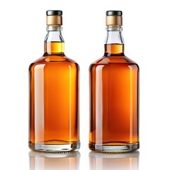 Two Whiskey Bottles with Amber Liquid - Two bottles of amber-colored whiskey with corked tops, symbolizing premium alcoholic spirits.

