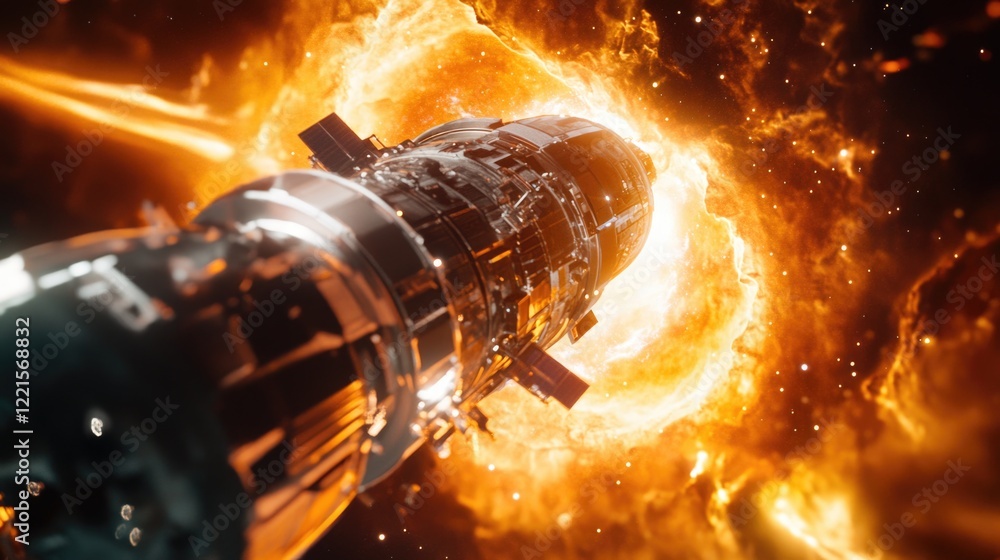 Poster a futuristic space station floating in the vastness of a galaxy, ideal for sci-fi or futuristic conc