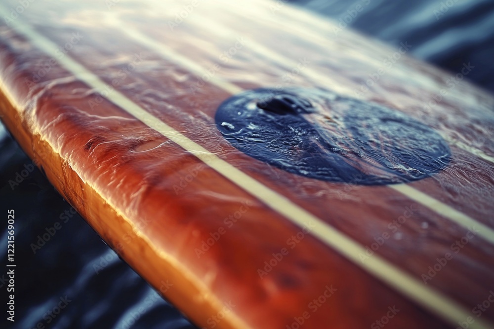 Poster a close-up view of a surfboard floating on the surface of calm water