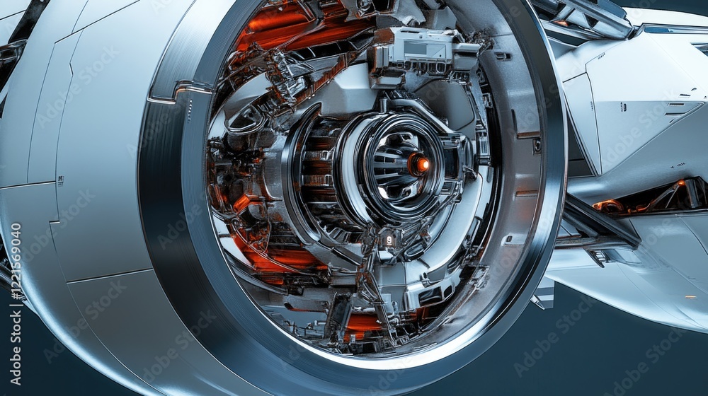 Poster a detailed view of a jet engine's internal components, suitable for use in engineering or technology