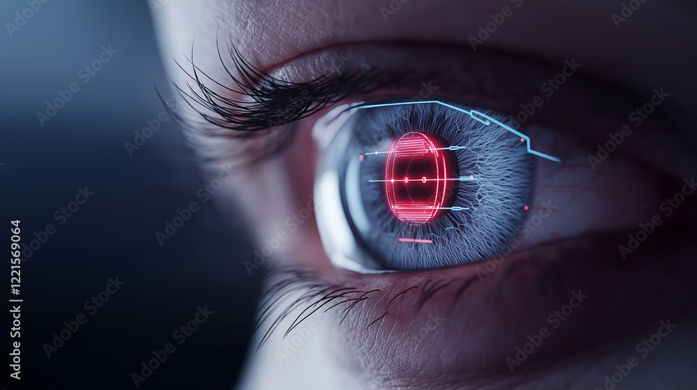 Poster a front view of a digital eye-tracking medical device, displaying an animated eye image with glowing