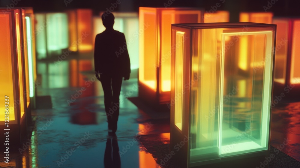 Aufkleber a person standing next to a row of glowing blocks, ideal for use in sci-fi or futuristic concept sce