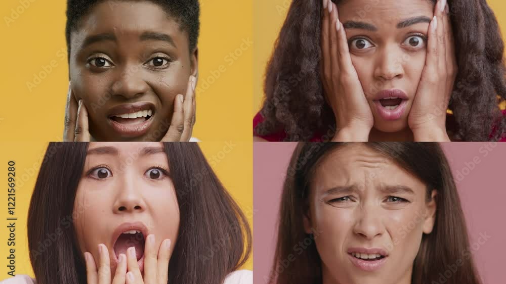 Poster this collage features four individuals displaying various expressions of surprise and astonishment.