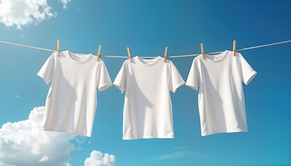 Three white t-shirts hang on clothesline against bright blue sky with clouds. Laundry day concept. Clean clothes dry in sunlight. Simple, practical image. Suitable for fashion clothing design. Ideal