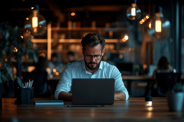 Obraz premium Focused businessman working late on laptop in modern office. Concentrated professional in a coworking space, illuminated by warm light. Achieving business goals and success.