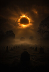 Sunrise over a foggy, shadowy cemetery.