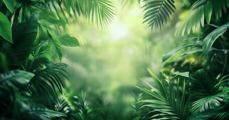 Lush Green Jungle Setting With Vibrant Palm Leaves and Soft Light Filtering Through the Foliage During Early Morning Hours