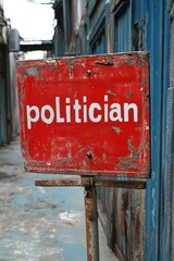 Aged and weathered red metal sign with bold white lettering displays the word 'politician' in an urban back alley setting rich in history and mystery.