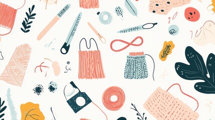 Abstract Art Featuring Yarn Tools and Botanical Elements
