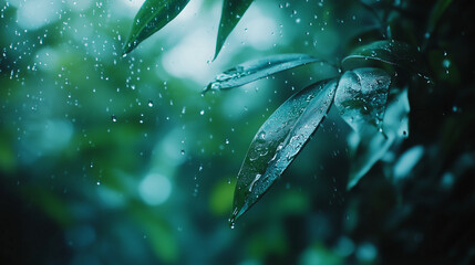Close-up of wet leaves in rain with blurred green background, cool color