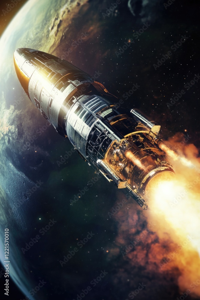 Poster a space shuttle soaring through space with a distant planet in the background