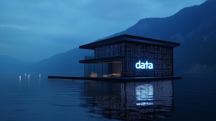 A house built on water, labeled "data" with digital motifs in the surroundings, representing the concept of a data lakehouse that combines raw data lakes with the powerful querying