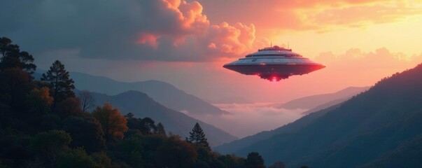 Glowing spaceship hovering above landscape with hills and trees, hover, landscape, light