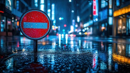 Rainy night, city street, no entry sign, neon lights, urban scene