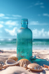 Obraz premium Blue bottle on sandy beach with seashells.