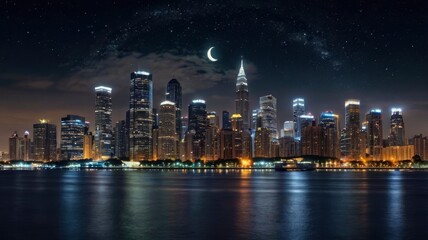 Fototapeta premium Create a panoramic view of a city skyline at night, with a crescent moon and stars shining brightly, representing the harmony of urban life during the holy month