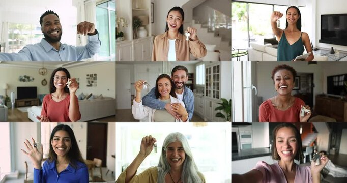 Portrait of homeowners, tenants or renters, group of happy diverse people showing keys to camera, celebrate acquiring of new property, collage view. Ownership, homeownership, bank loan and new life