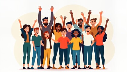 Diverse group of people celebrate achievement victory. Stand together happy, excited. Arms raised in joy. Illustration teamwork, success. People diverse in age, ethnicity. Great image for team