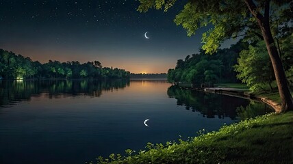 Fototapeta premium Illustrate a serene lakeside view at night, with a crescent moon reflecting on the water and surrounded by lush trees, symbolizing calm and contemplation during Ramadan