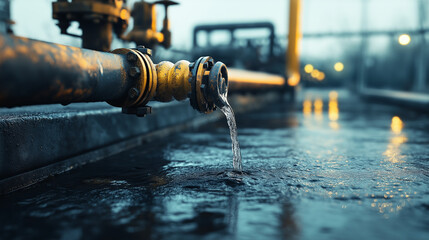 A high-pressure industrial pipe leaking a thin stream of water, with nearby valves rusted and aged, set in a grimy industrial setting.