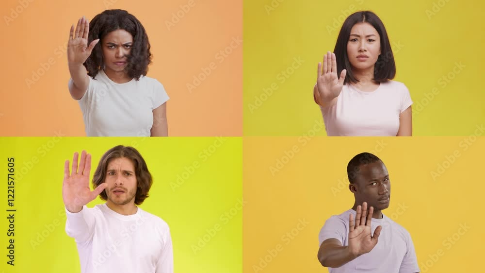 Poster A collection of diverse individuals showcases various emotions and gestures against vibrant backgrounds. The setting emphasizes inclusivity and communication among men and women.
