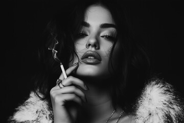 Obraz premium Monochrome Fashion Portrait: A Woman Smoking a Cigarette, Black and White Photography, Mysterious and Edgy Style