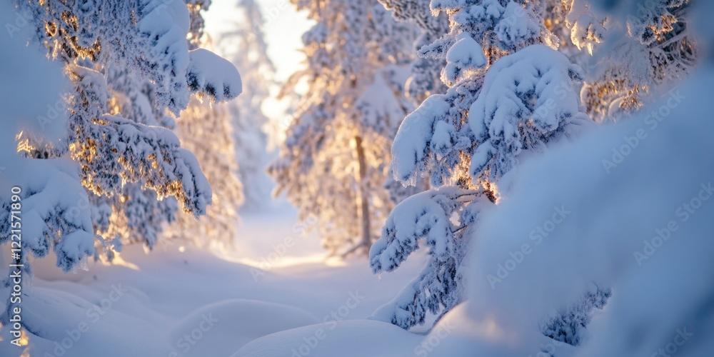 Poster a serene winter scene featuring a snow-covered path winding its way through a forest, surrounded by 