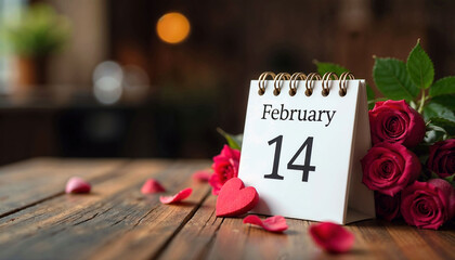 Calendar with the number 14 on it and a bunch of red roses on top. The roses are arranged in a way that they look like they are falling, giving the impression of a romantic Valentine's Day