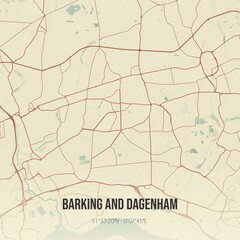 Retro UK map of Barking and Dagenham. Vintage street map.
