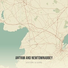 Fototapeta premium Retro UK map of Antrim and Newtownabbey. Vintage street map.