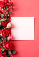 White piece of paper with a red background and a bunch of roses on it. The roses are in different sizes and are scattered around the paper. Concept of love and romance