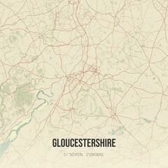 Retro UK map of Gloucestershire. Vintage street map.
